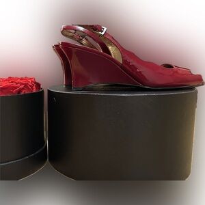 Anne Klein Women's Dark Red Patent Leather Peep Toe Slingback Heels